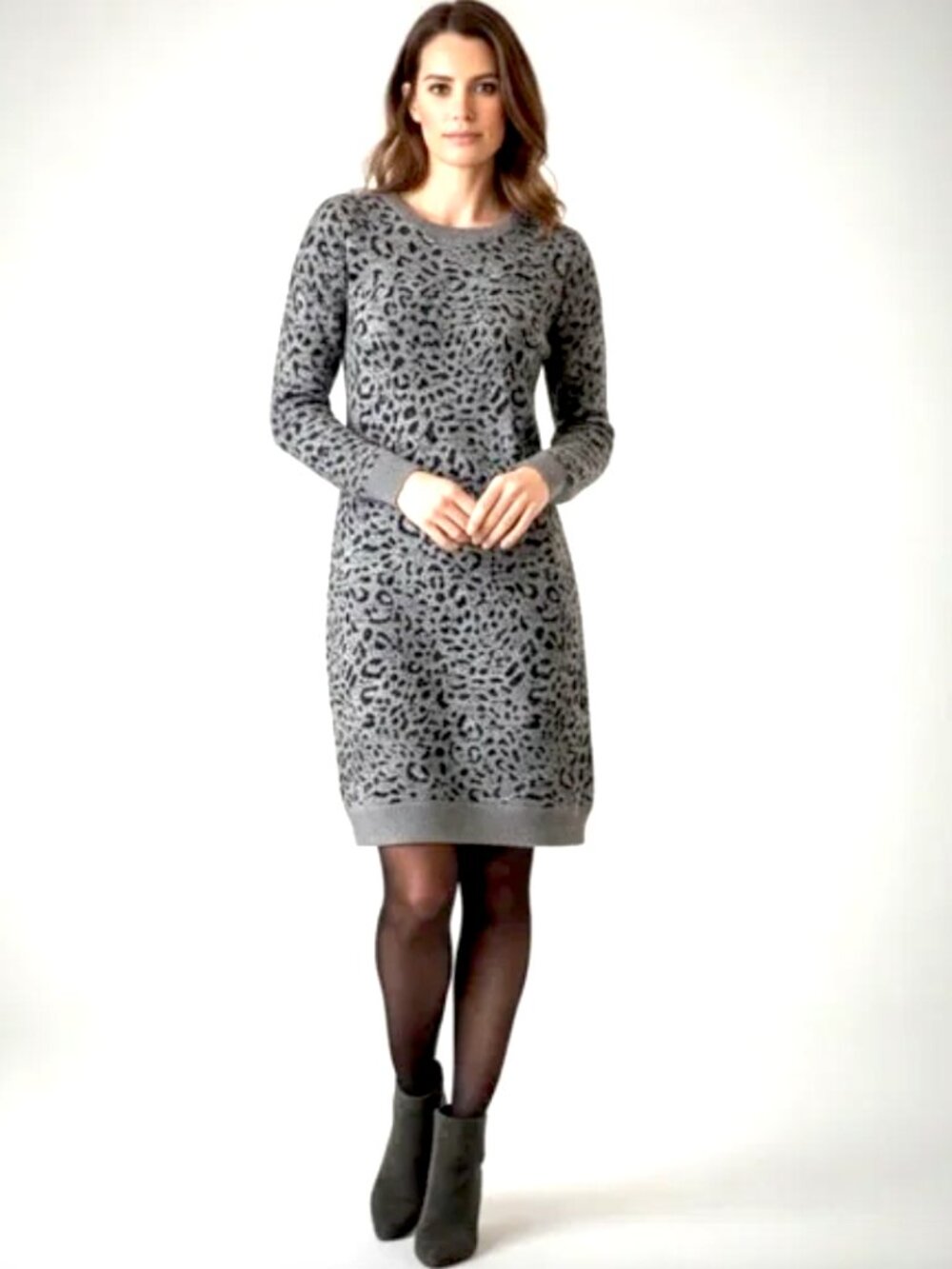 Loft Animal Print Sweater Dress XS • Gray & Black • Long Sleeve Cozy